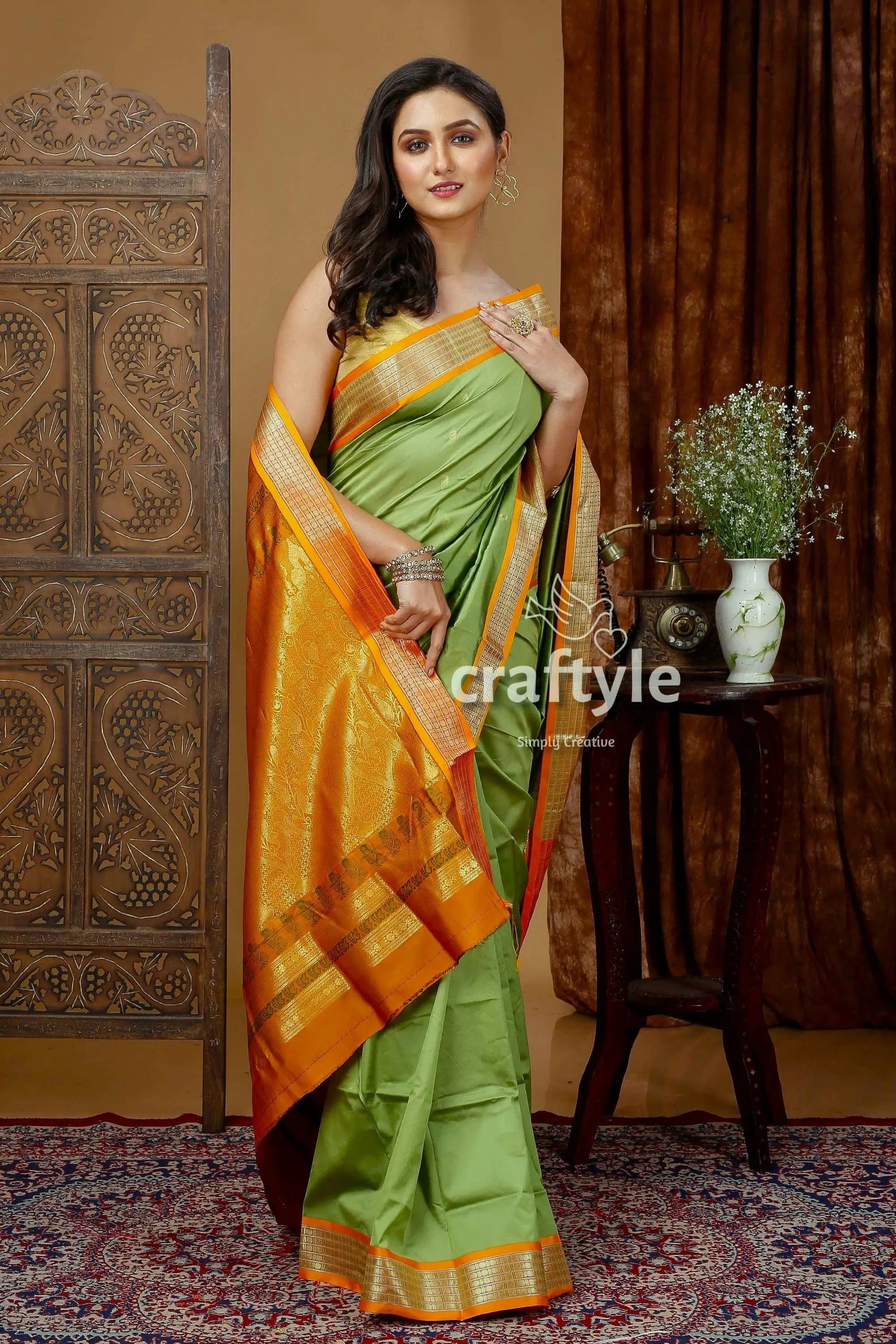 Pistachio green silk bomkai saree with zari border - indian traditional wear green gold saree 5