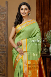 Pistachio green silk bomkai saree with zari border - indian traditional wear woman green orange saree 2