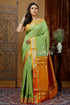Pistachio green silk bomkai saree with zari border - indian traditional wear green orange silk saree 1