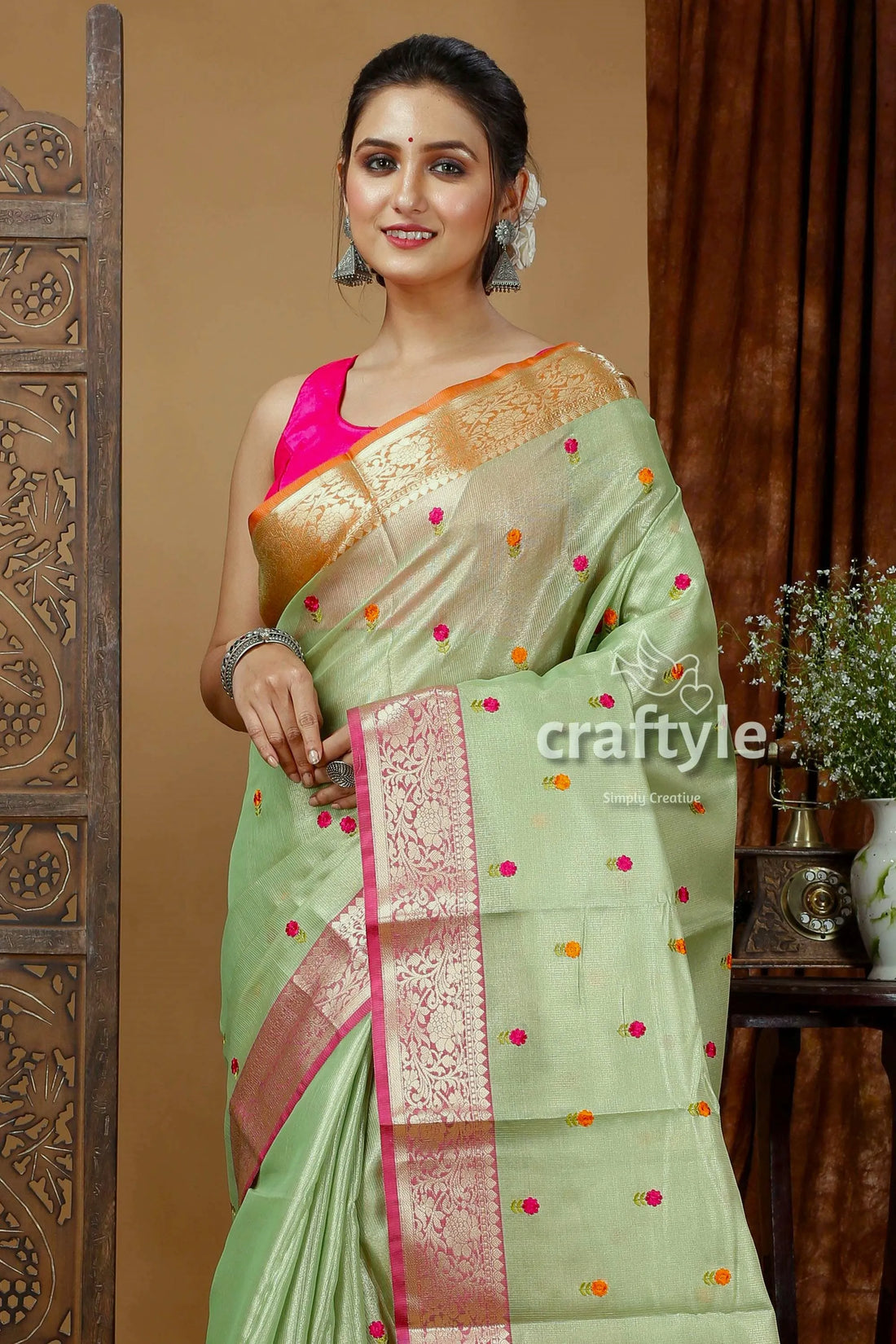 Pistachio green silk tissue organza saree - soft and elegant woman light 2