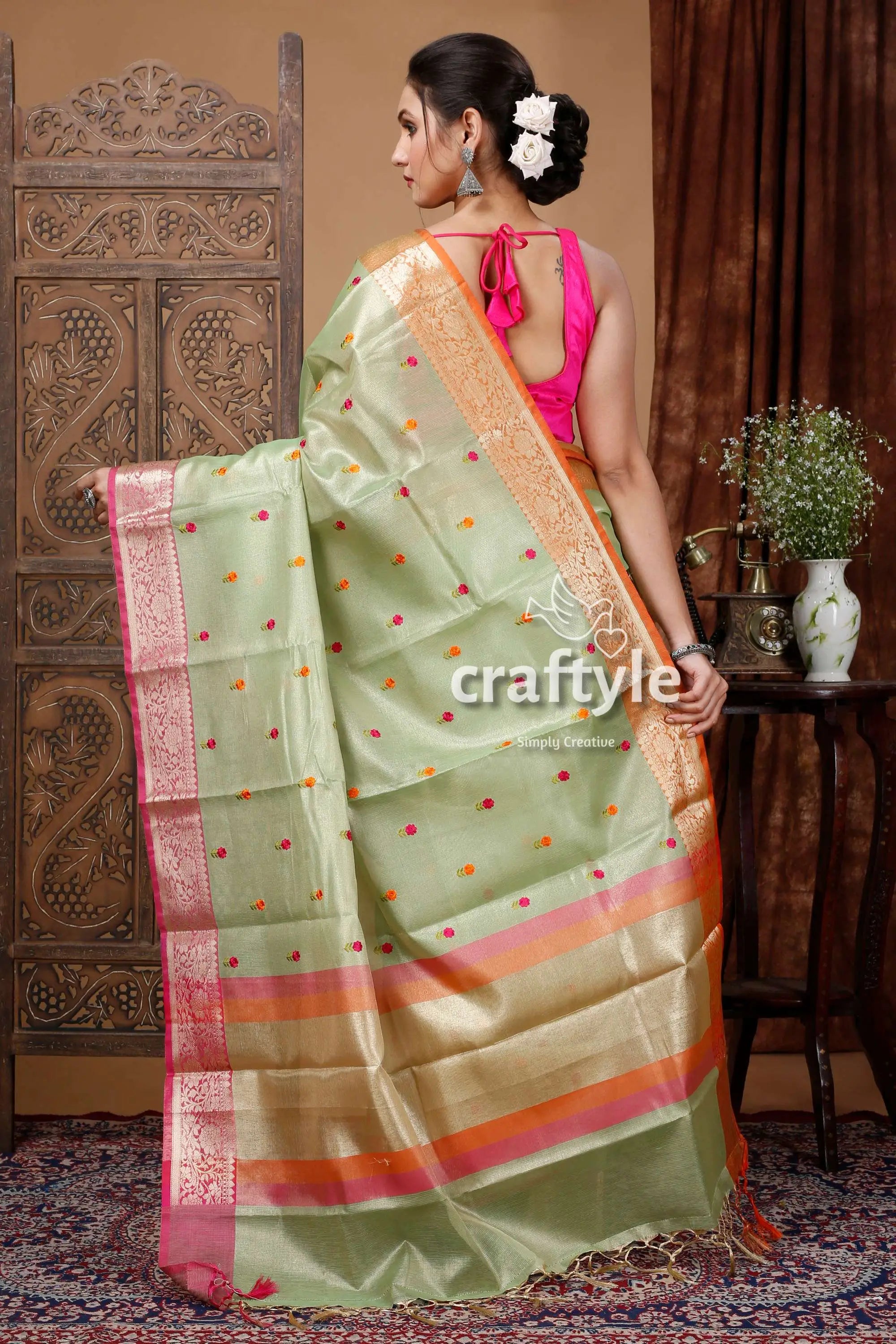 Pistachio green silk tissue organza saree - soft and elegant woman light green saree pink 4