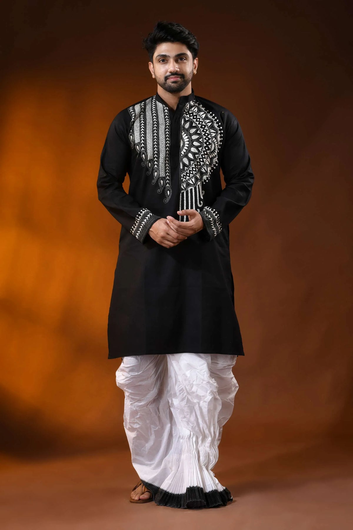 Pitch black cotton kantha punjabi for men - handcrafted white mandala design 1