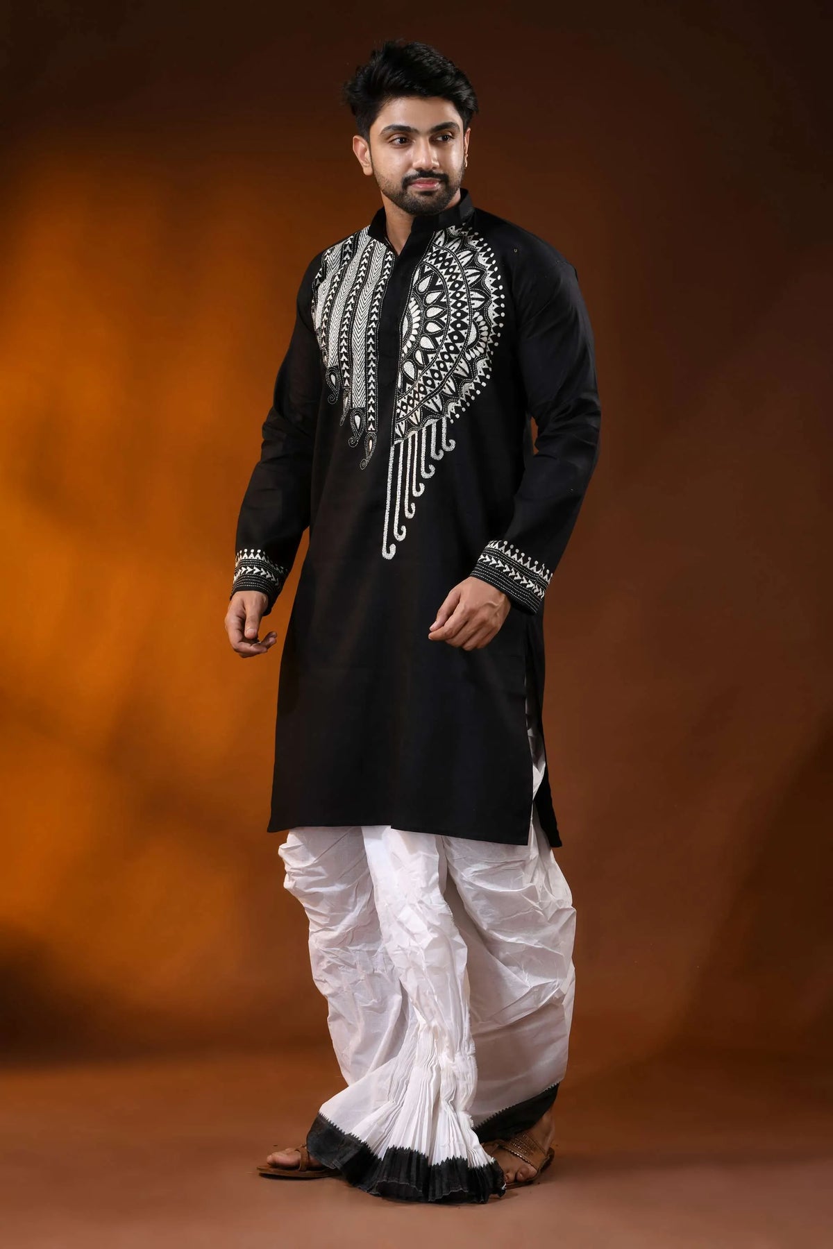 Pitch black cotton kantha punjabi for men - handcrafted white mandala design 3