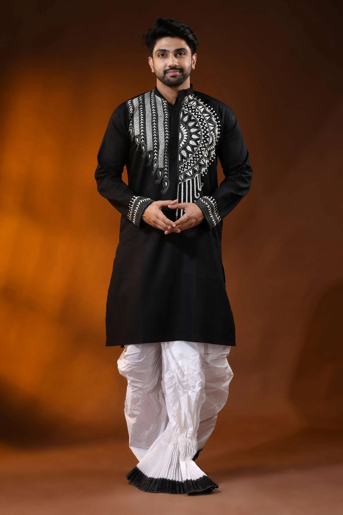 Pitch black cotton kantha punjabi for men - handcrafted white mandala design 6