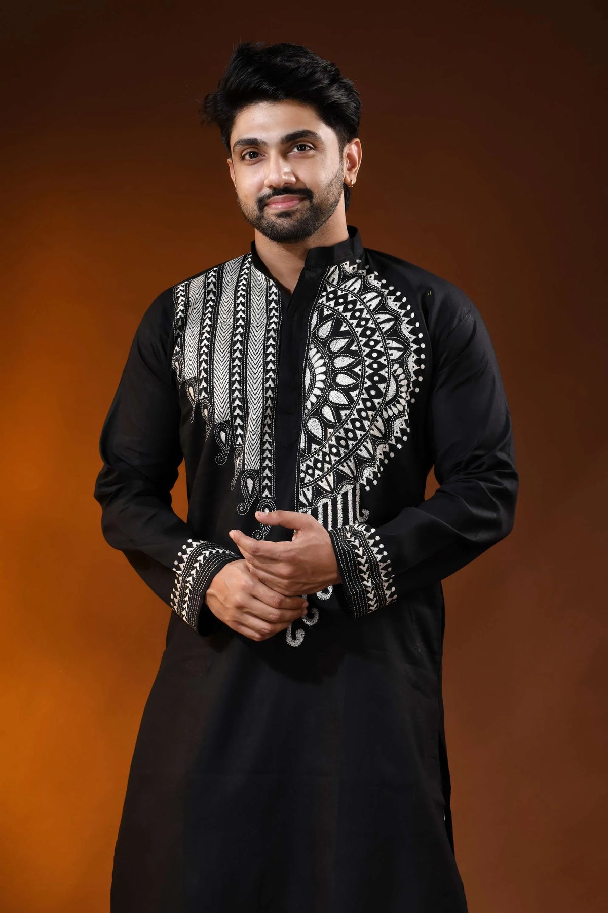 Pitch black cotton kantha punjabi for men - handcrafted white mandala design 2