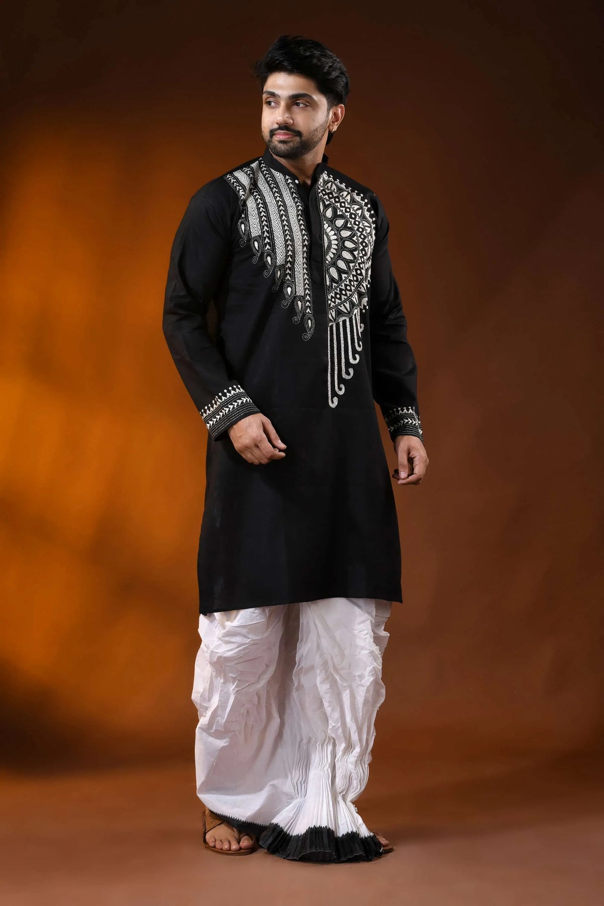 Pitch black cotton kantha punjabi for men - handcrafted white mandala design 4