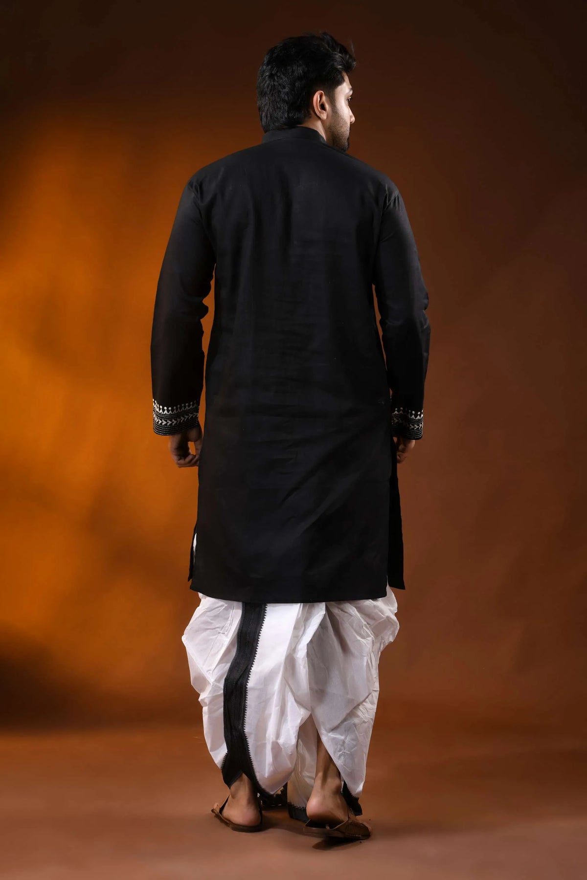 Pitch black cotton kantha punjabi for men - handcrafted white mandala design 5