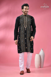 Pitch black floral kantha embroidery cotton kurta for men men’s black embroidered kurta white 1