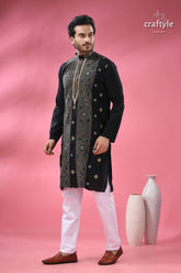 Pitch black floral kantha embroidery cotton kurta for men men’s black embroidered kurta white 3