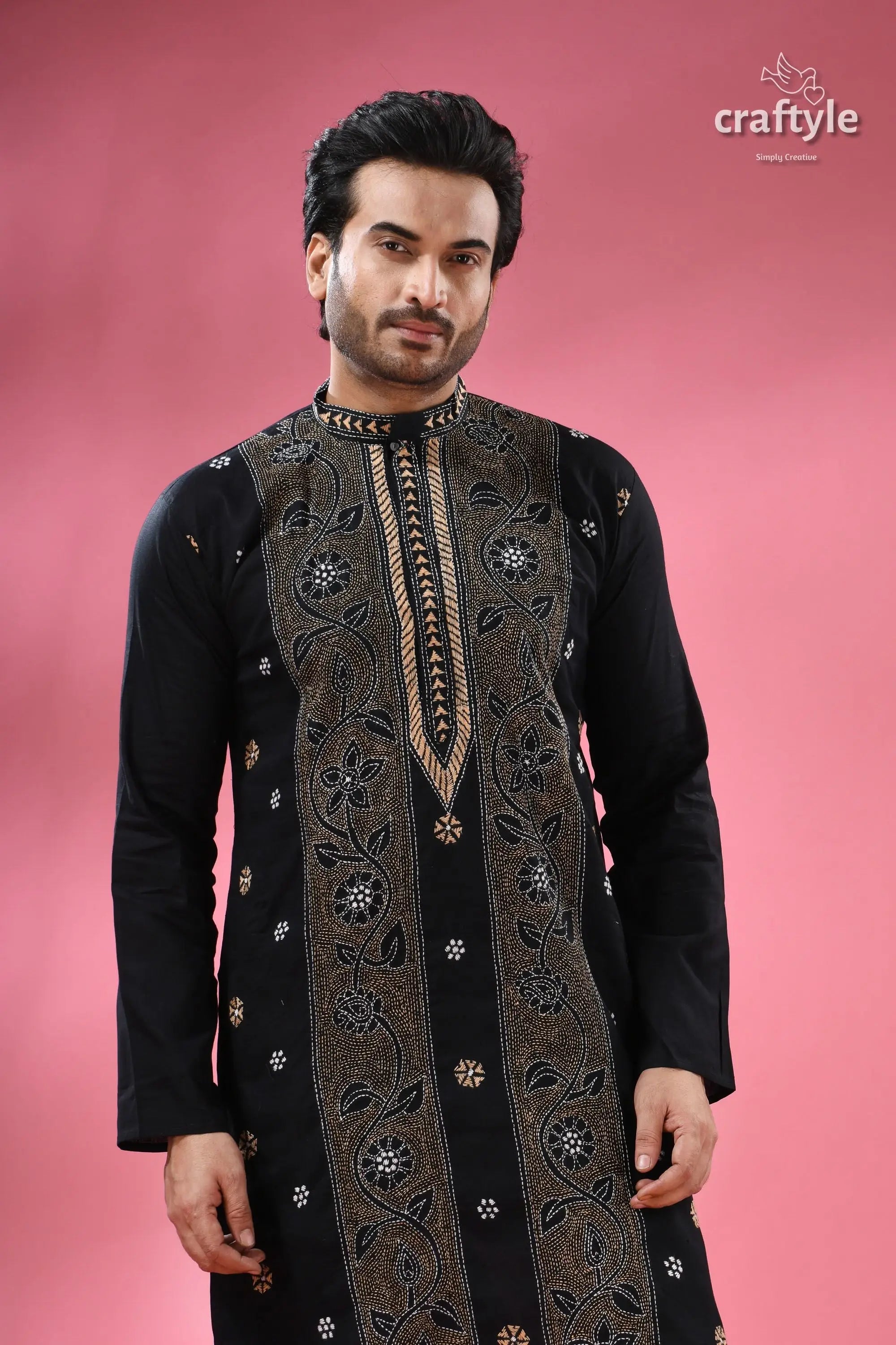 Pitch black floral kantha embroidery cotton kurta for men men’s black embroidered kurta stand up 2