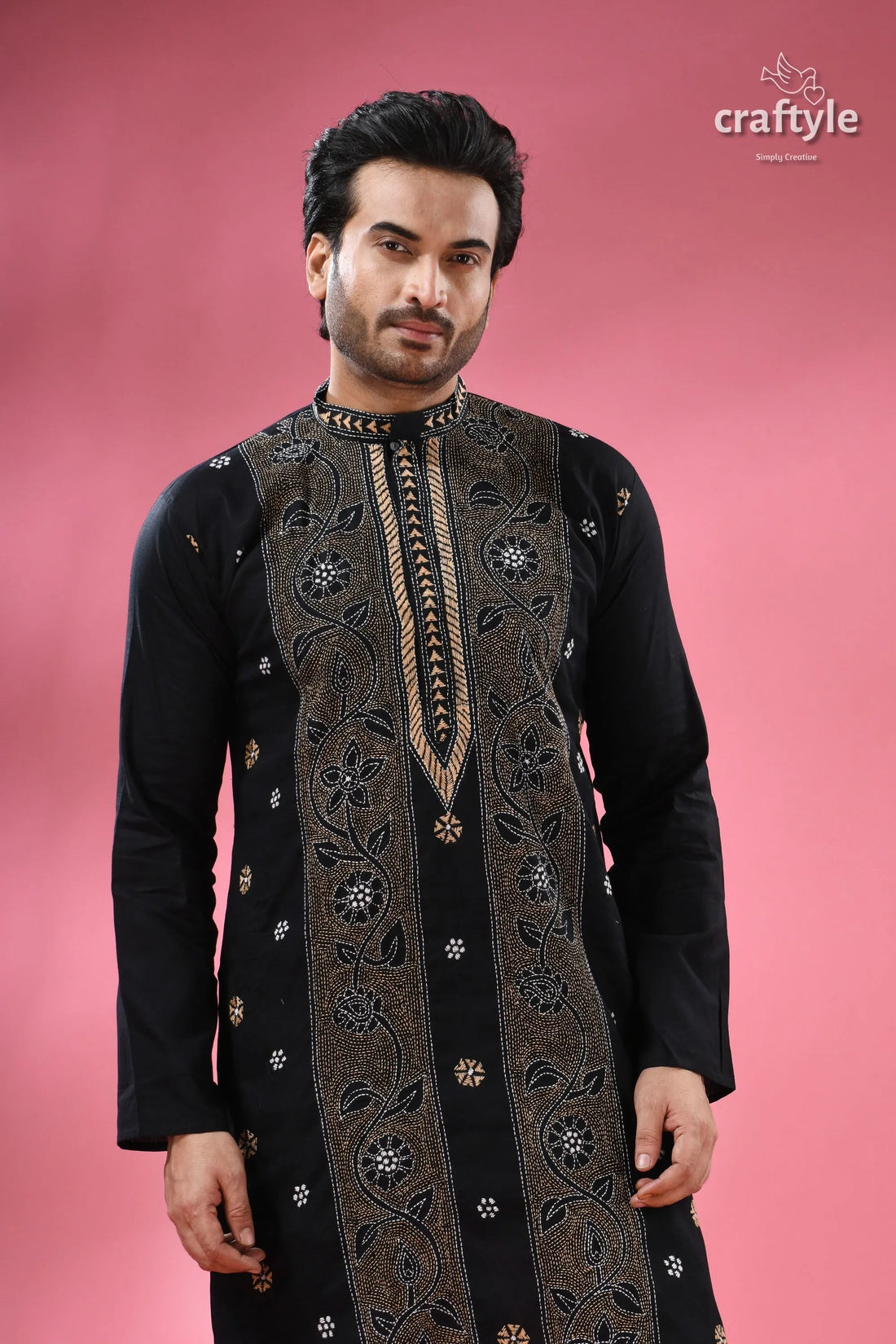 Pitch black floral kantha embroidery cotton kurta for men men’s black embroidered kurta stand-up 2