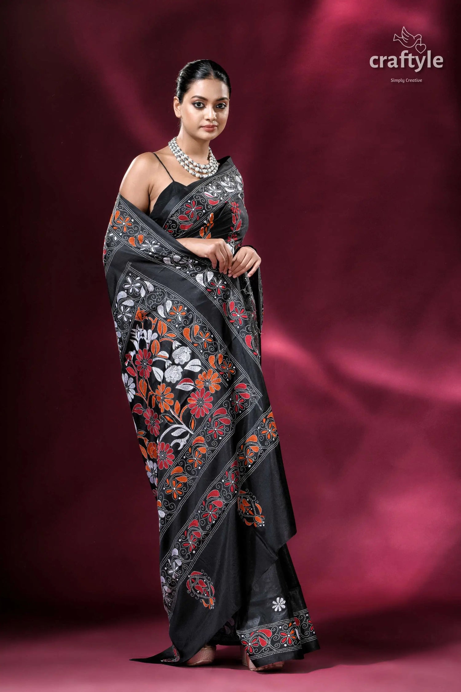 Pitch black flower pattern kantha stitch silk saree elegant black floral saree 5