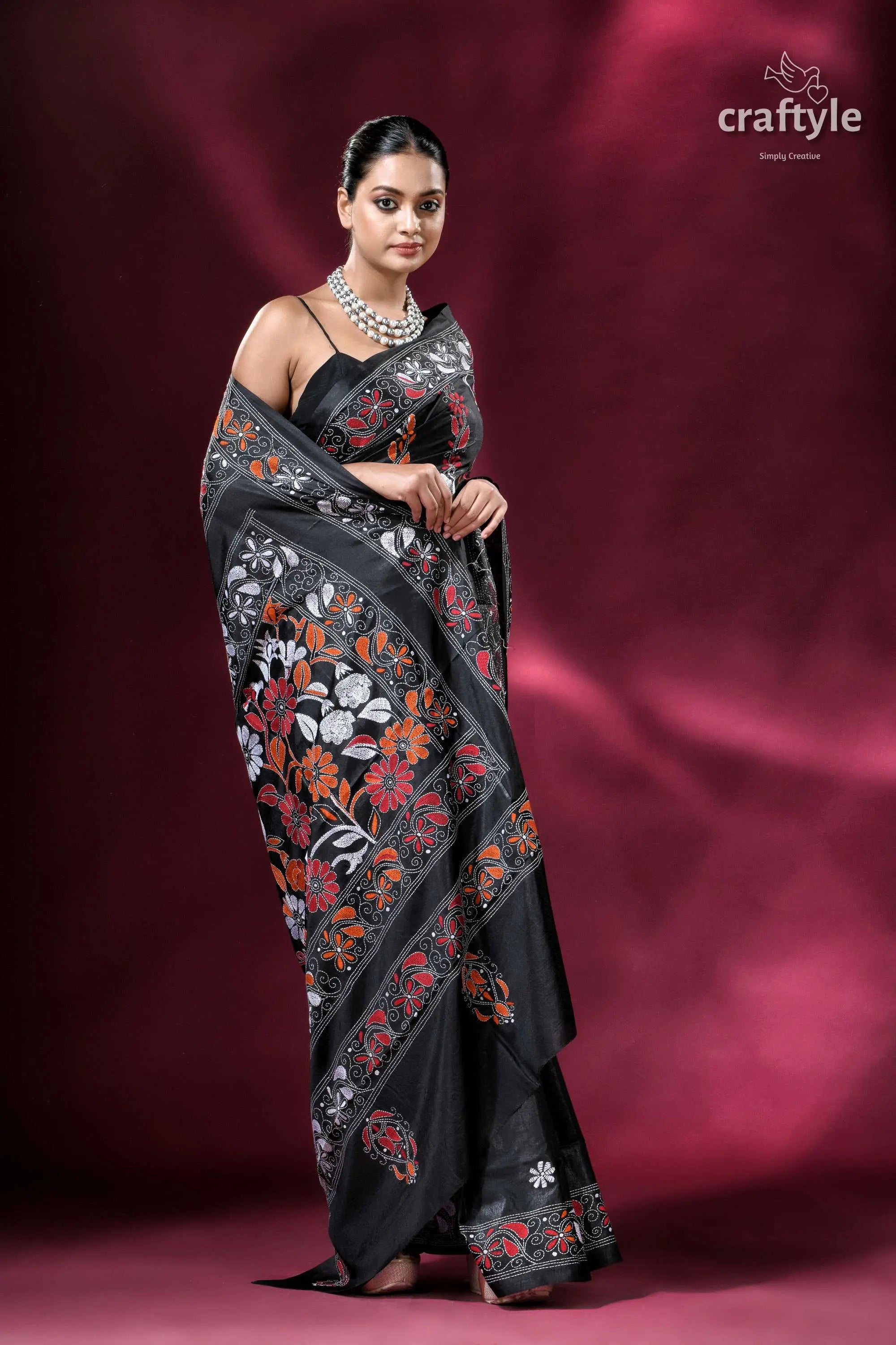 Pitch black flower pattern kantha stitch silk saree elegant black floral saree 5