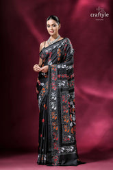 Pitch black flower pattern kantha stitch silk saree black saree floral embroidery 1