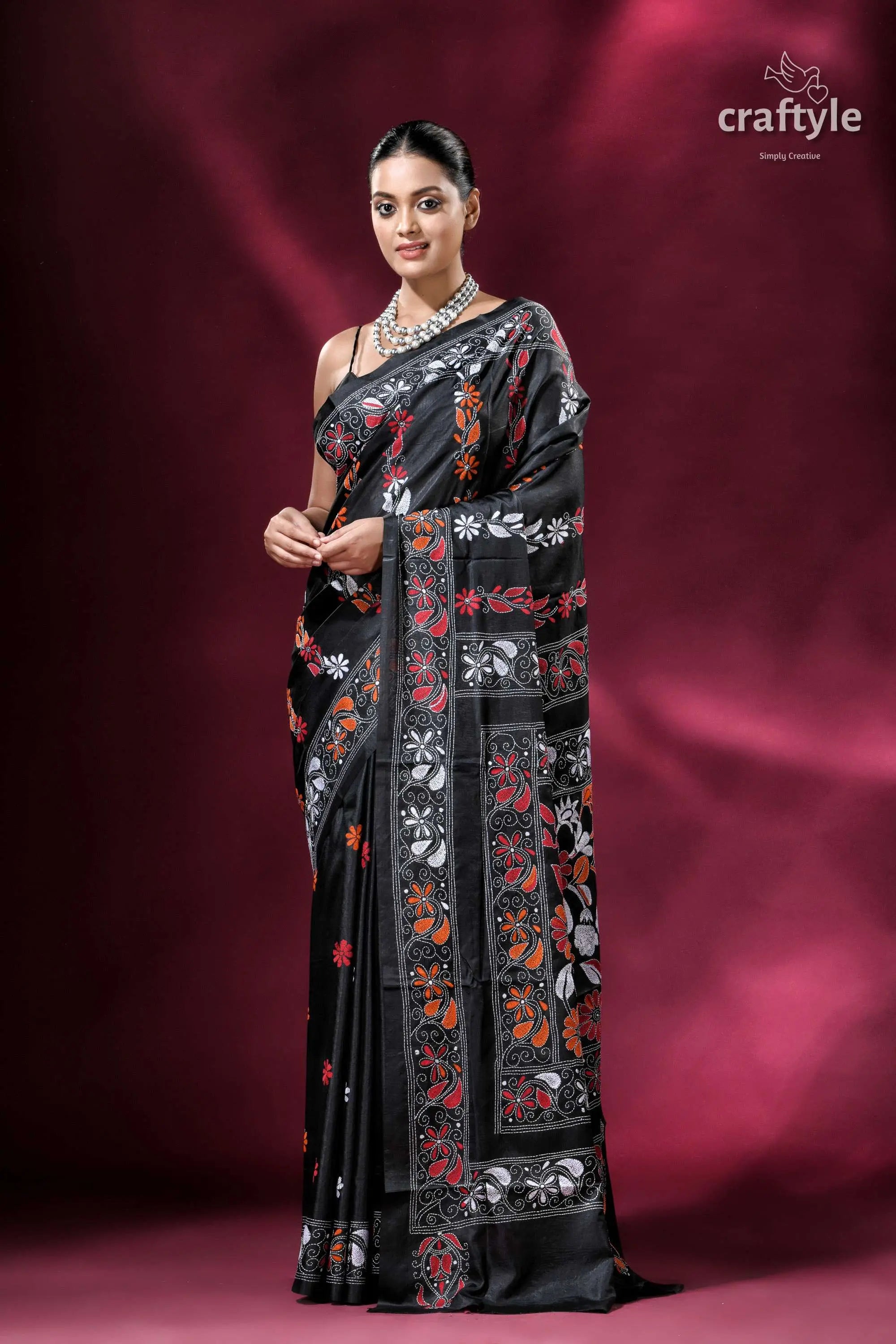 Pitch black flower pattern kantha stitch silk saree black saree floral embroidery 1