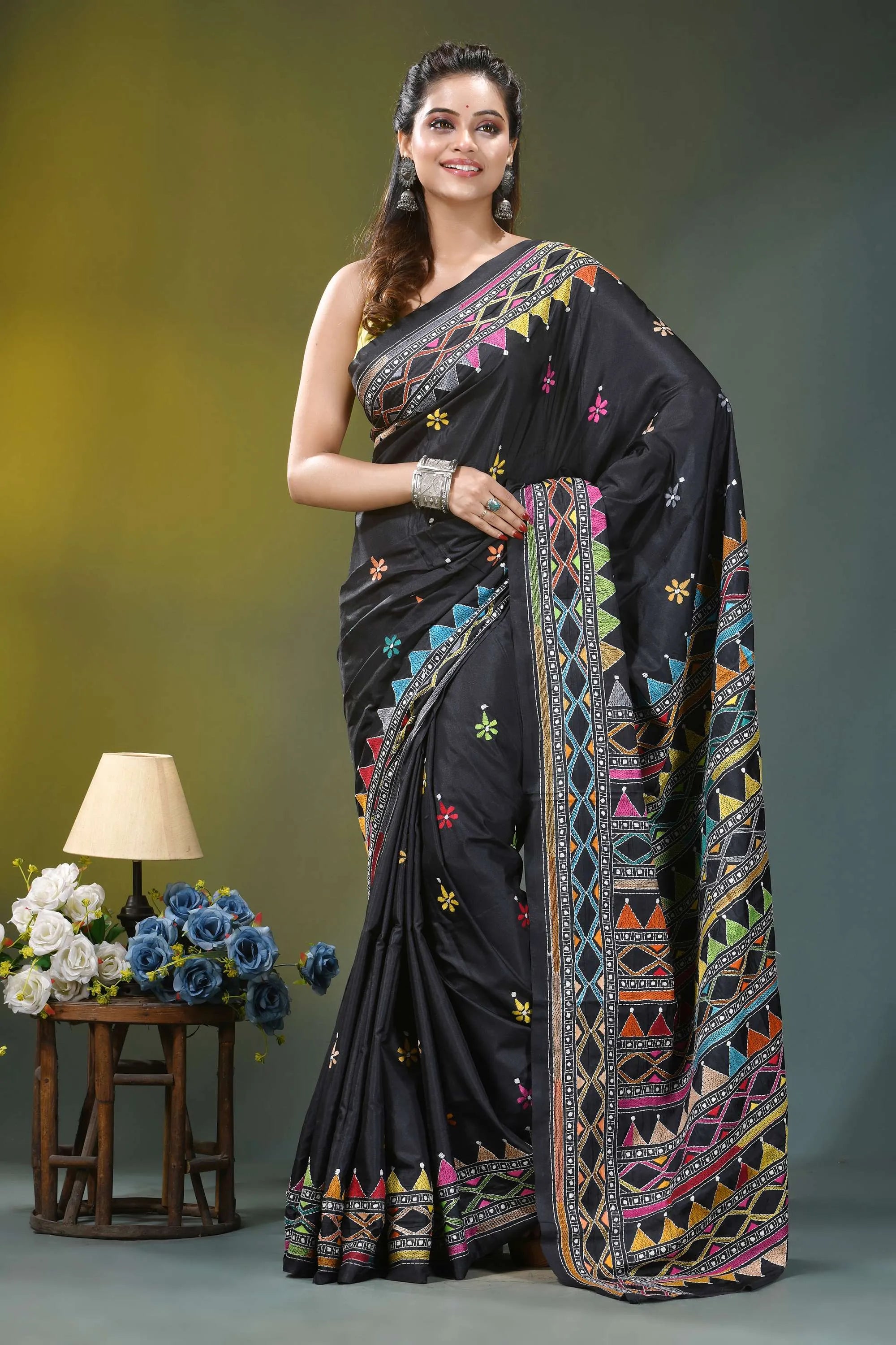 Pitch black geometric design silk kantha stitch saree black silk saree vibrant multicolored 6