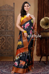 Pitch black hand painted zari pure tussar kalamkari design saree woman black saree animal floral 5