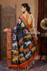 Pitch black hand painted zari pure tussar kalamkari design saree woman black saree animal floral 4