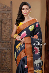 Pitch black hand painted zari pure tussar kalamkari design saree woman black saree animal floral 2