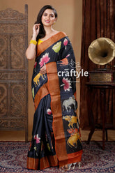 Pitch black hand painted zari pure tussar kalamkari design saree woman black saree animal lotus 1