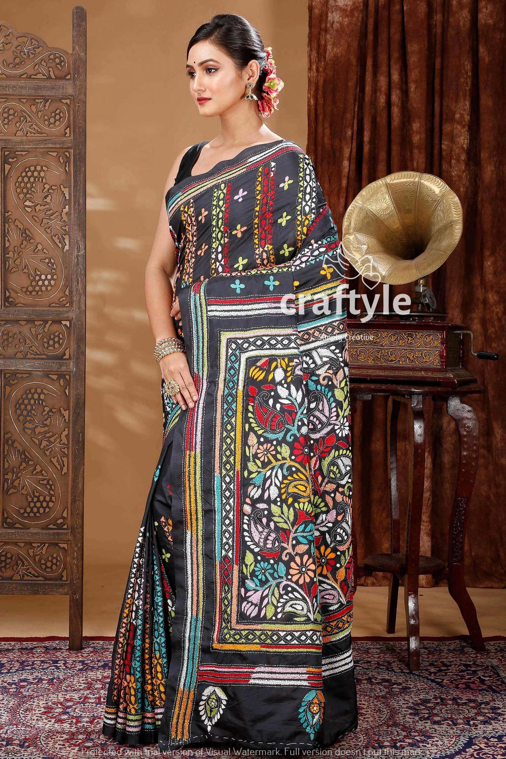 Pitch black handcrafted silk kantha work saree black saree colorful floral geometric 3