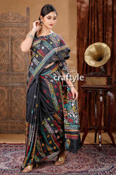 Pitch Black Handcrafted Silk Kantha Work Saree-Craftyle