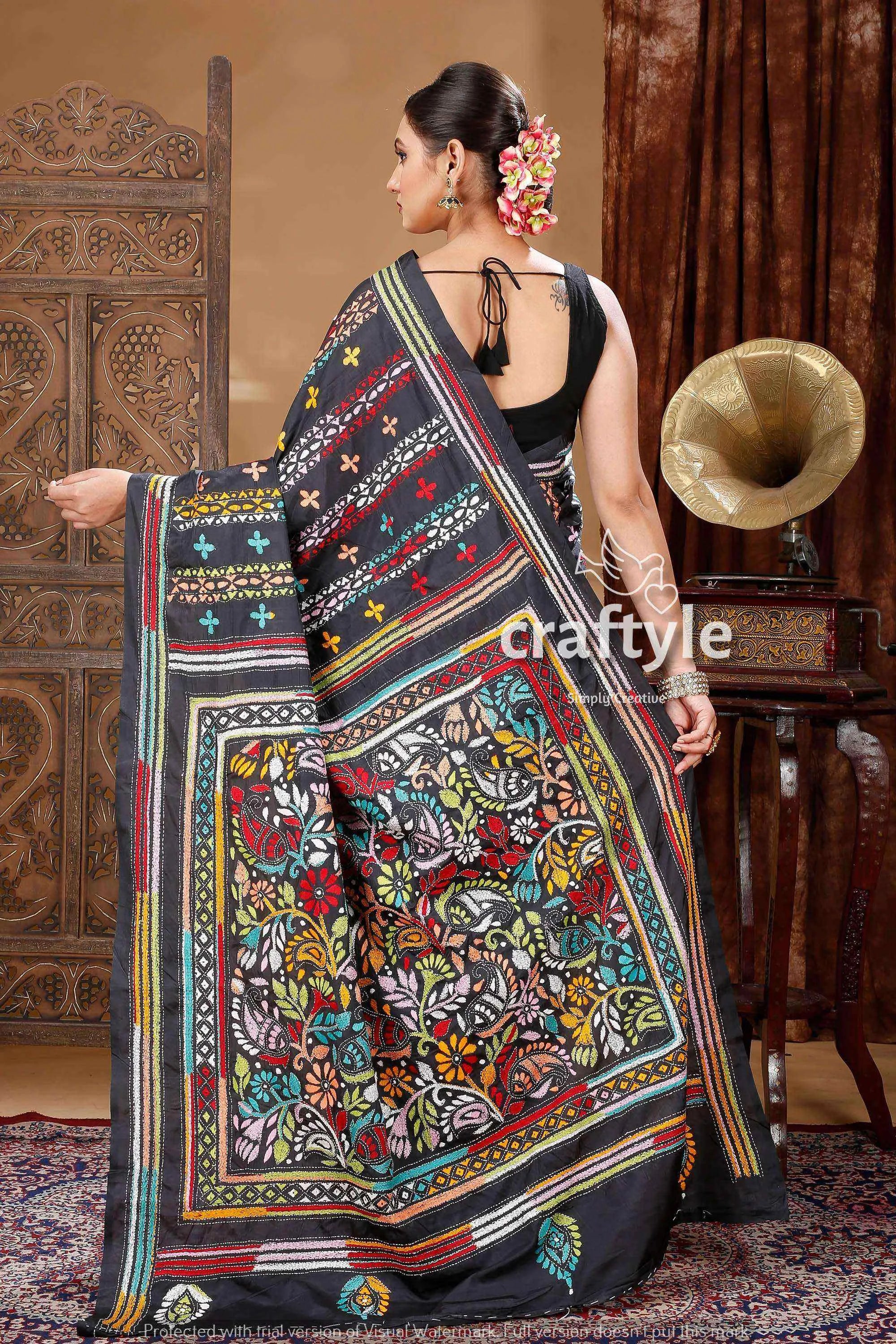 Pitch black handcrafted silk kantha work saree black saree colorful embroidery 4