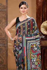 Pitch black handcrafted silk kantha work saree woman black embroidered saree 2