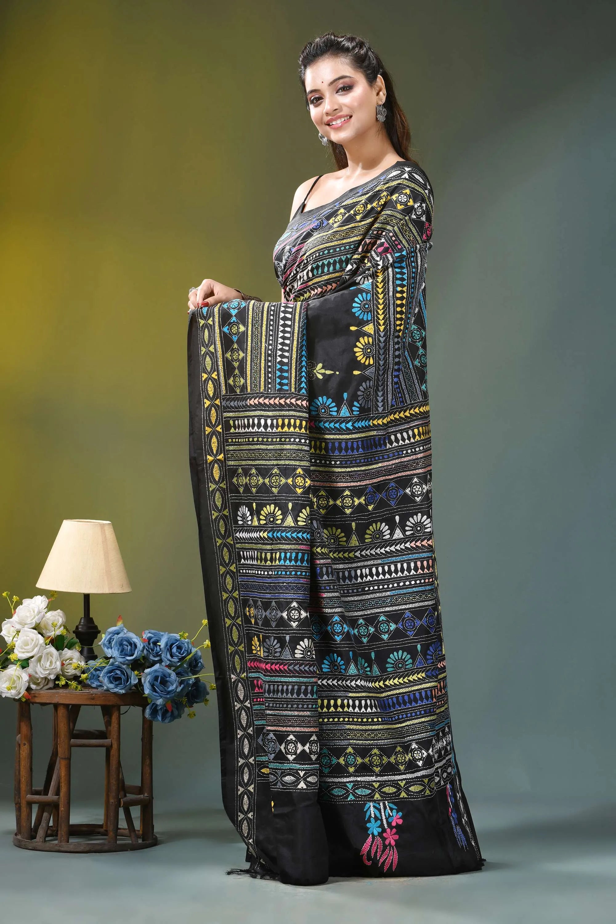 Pitch black multi-thread ethnic silk kantha stitch saree black saree intricate multicolored geometric 3