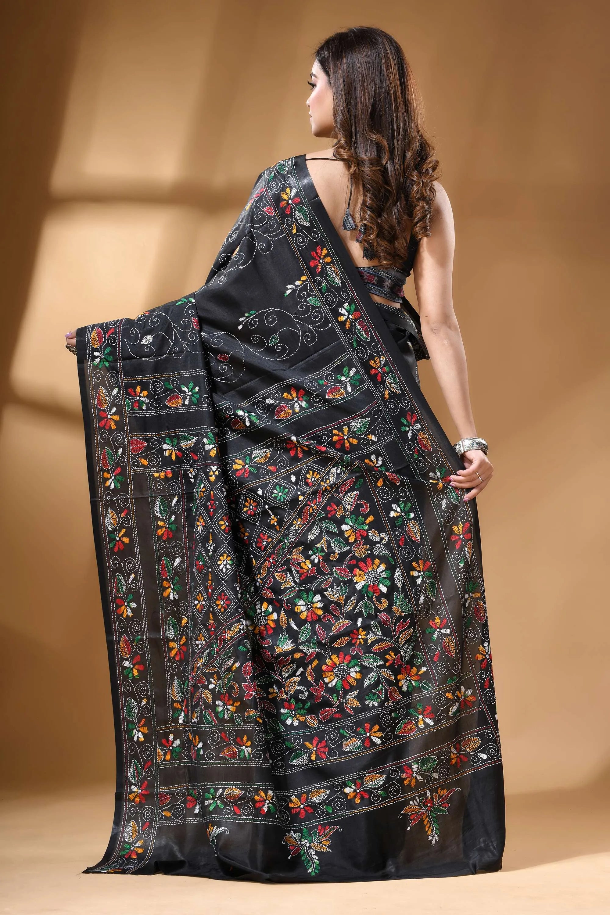Pitch black multi-thread floral silk kantha stitch saree black silk saree adorned intricate 5