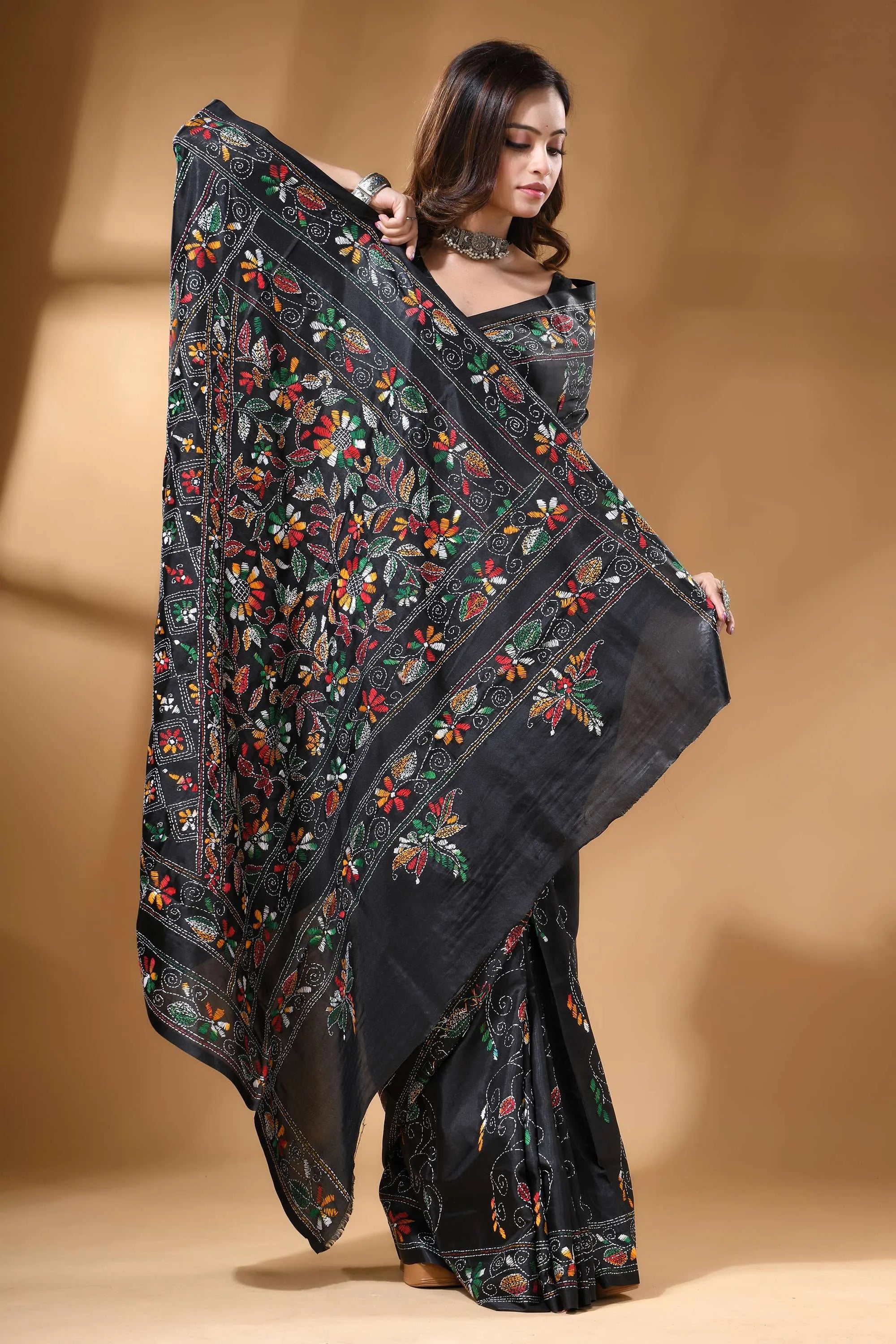 Pitch black multi-thread floral silk kantha stitch saree black silk saree intricate floral 6
