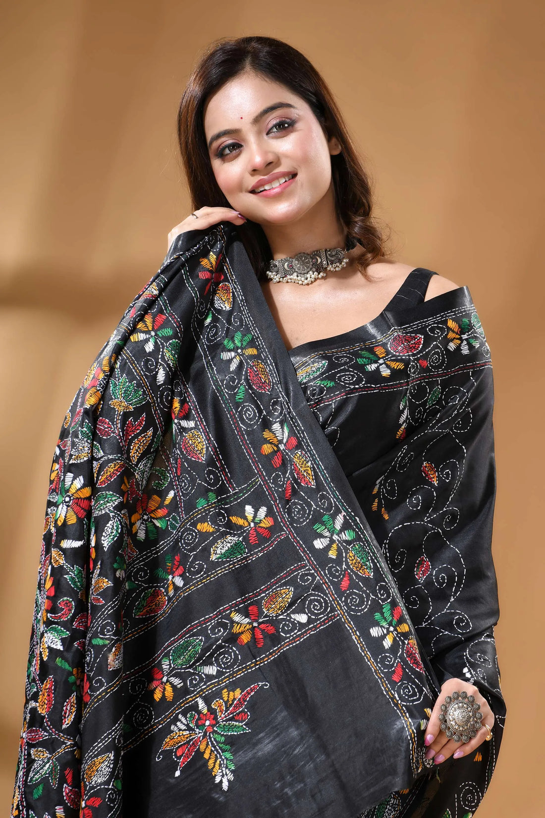 Pitch black multi-thread floral silk kantha stitch saree black silk saree adorned intricate 2