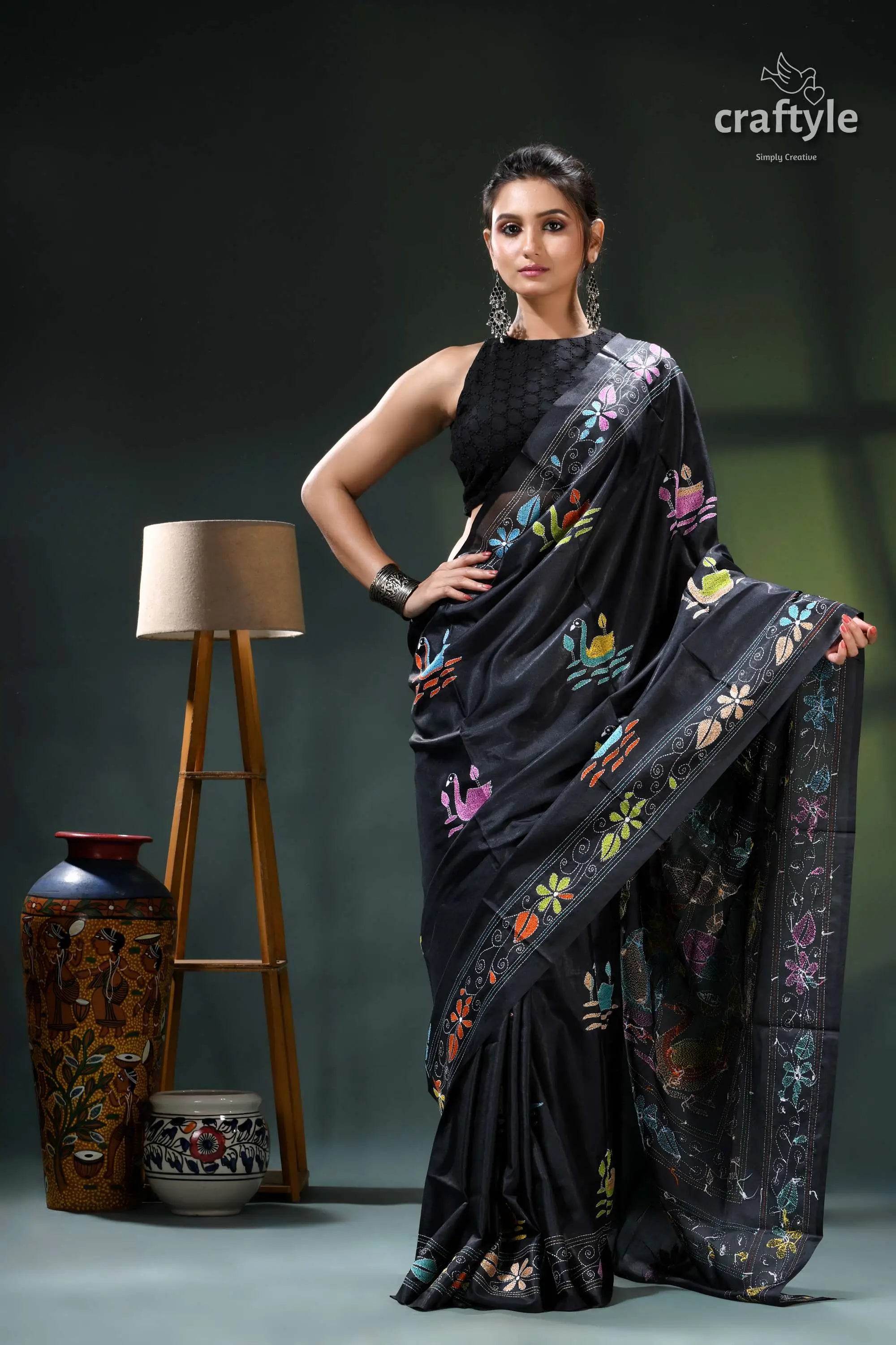 Pitch black multi-thread swan motif silk kantha work saree black floral embroidered saree silver 5