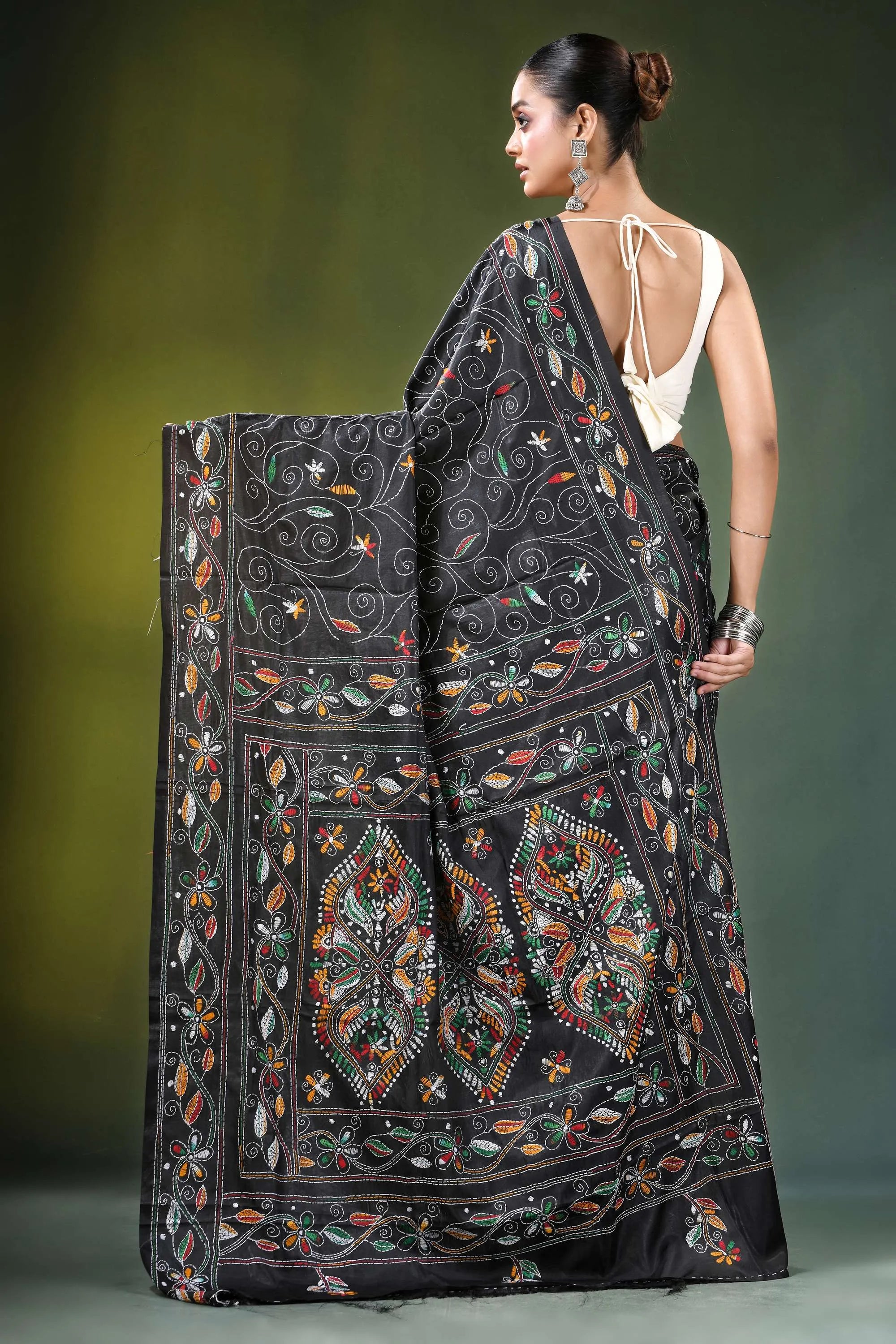 Pitch black multicolor paisley handcrafted silk kantha saree embroidered intricate multicolored 5