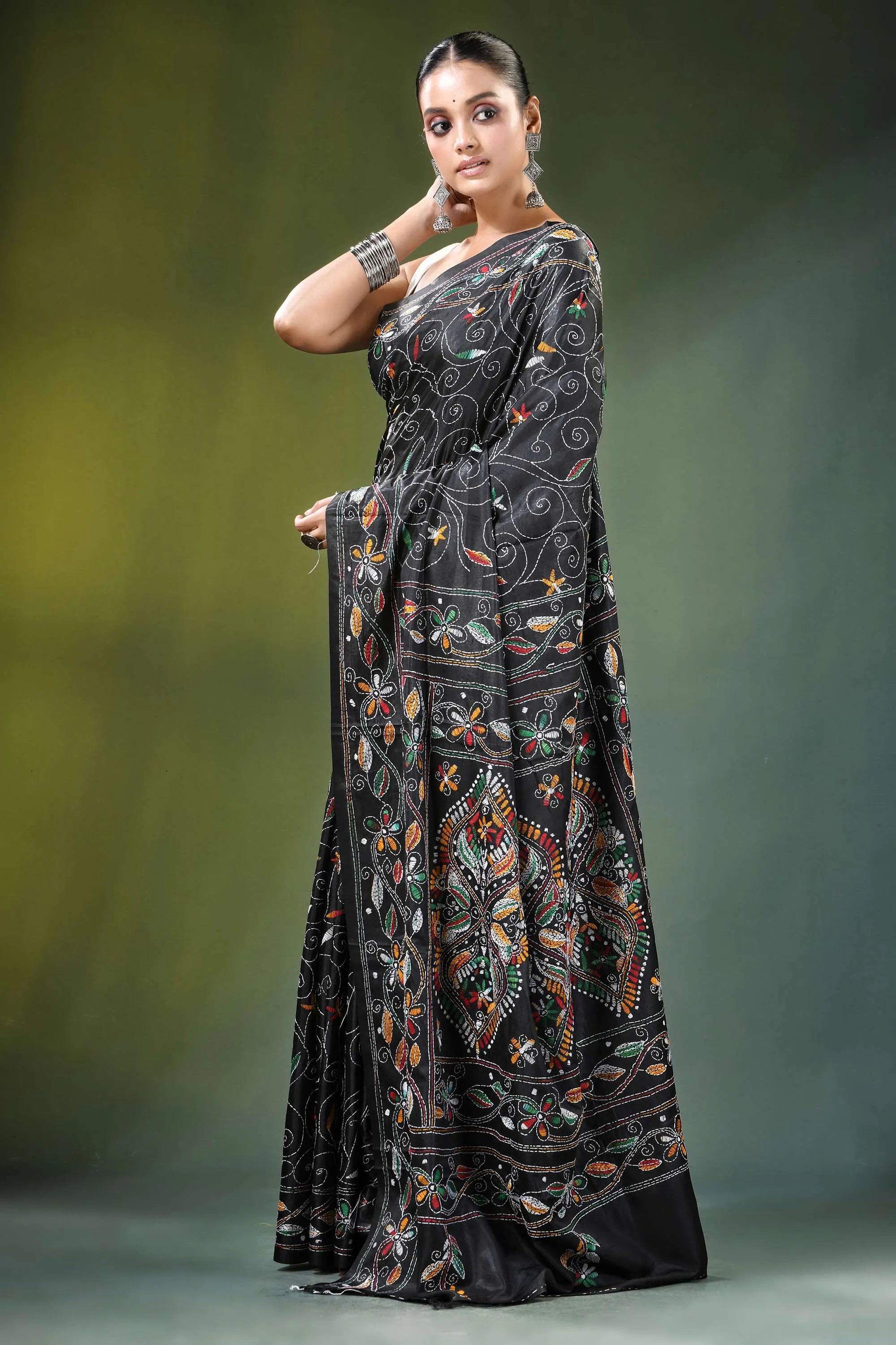 Pitch black multicolor paisley handcrafted silk kantha saree intricate multicolored 3