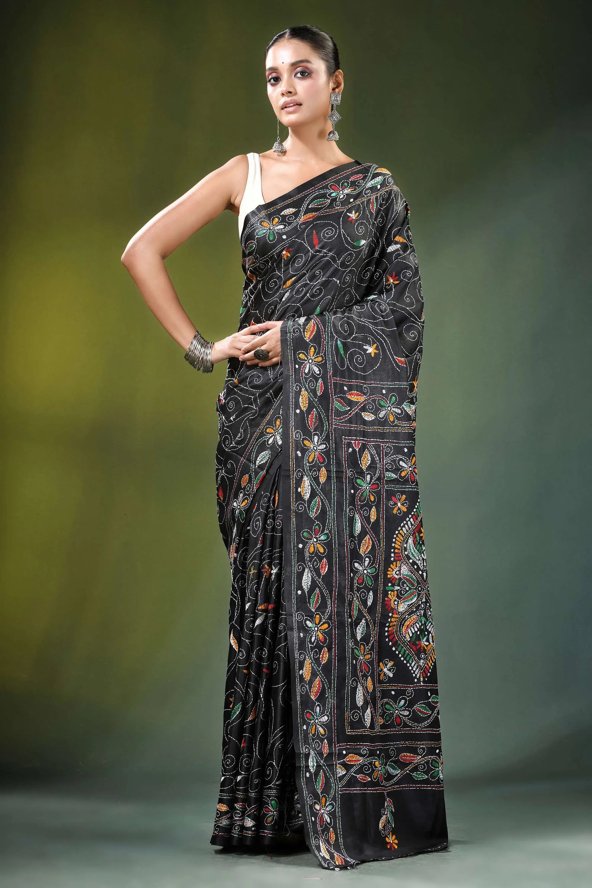 Pitch black multicolor paisley handcrafted silk kantha saree adorned intricate 6