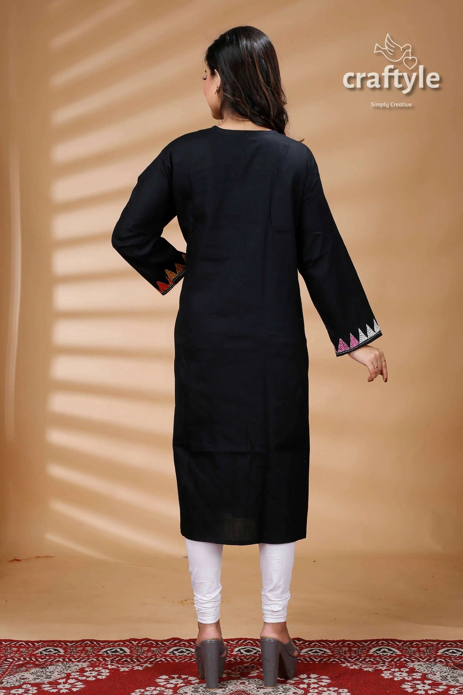 Pitch black multicolor thread reverse cotton kantha kurti black kurta colorful sleeve trim 4