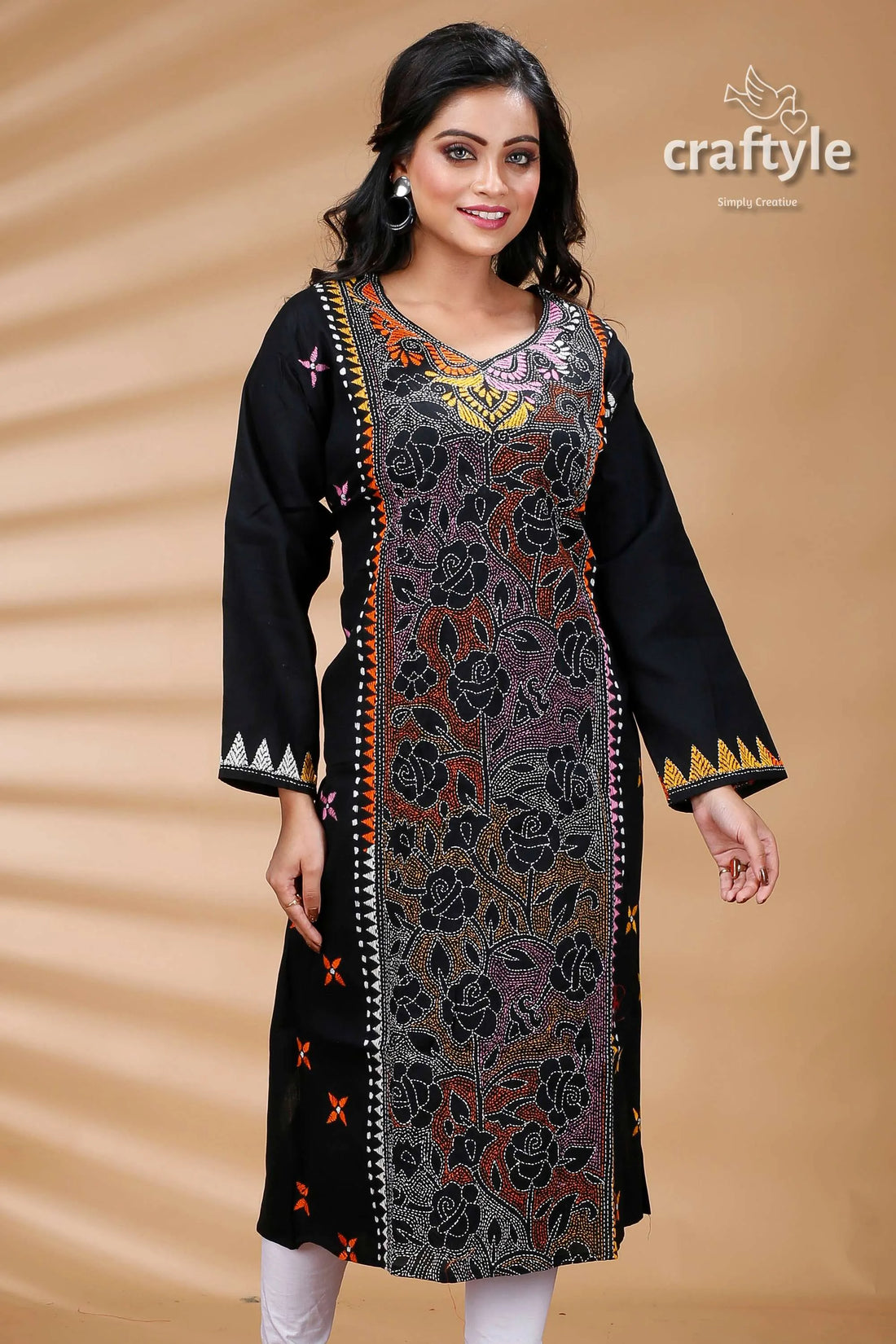 Pitch black multicolor thread reverse cotton kantha kurti embroidered tunic 2