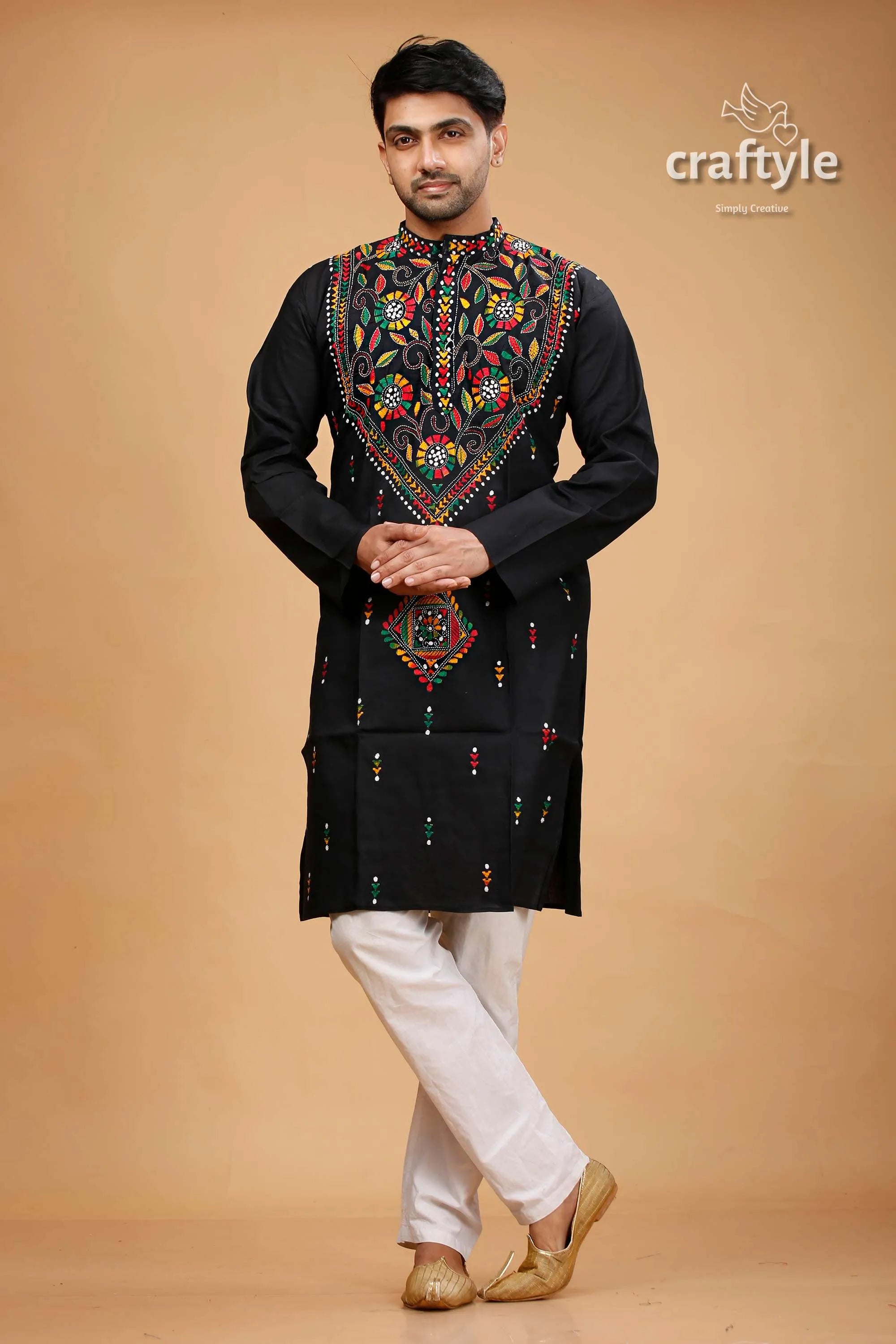 Pitch black multithread hand kantha stitched mens kurta embroidered vibrant multicolored 1