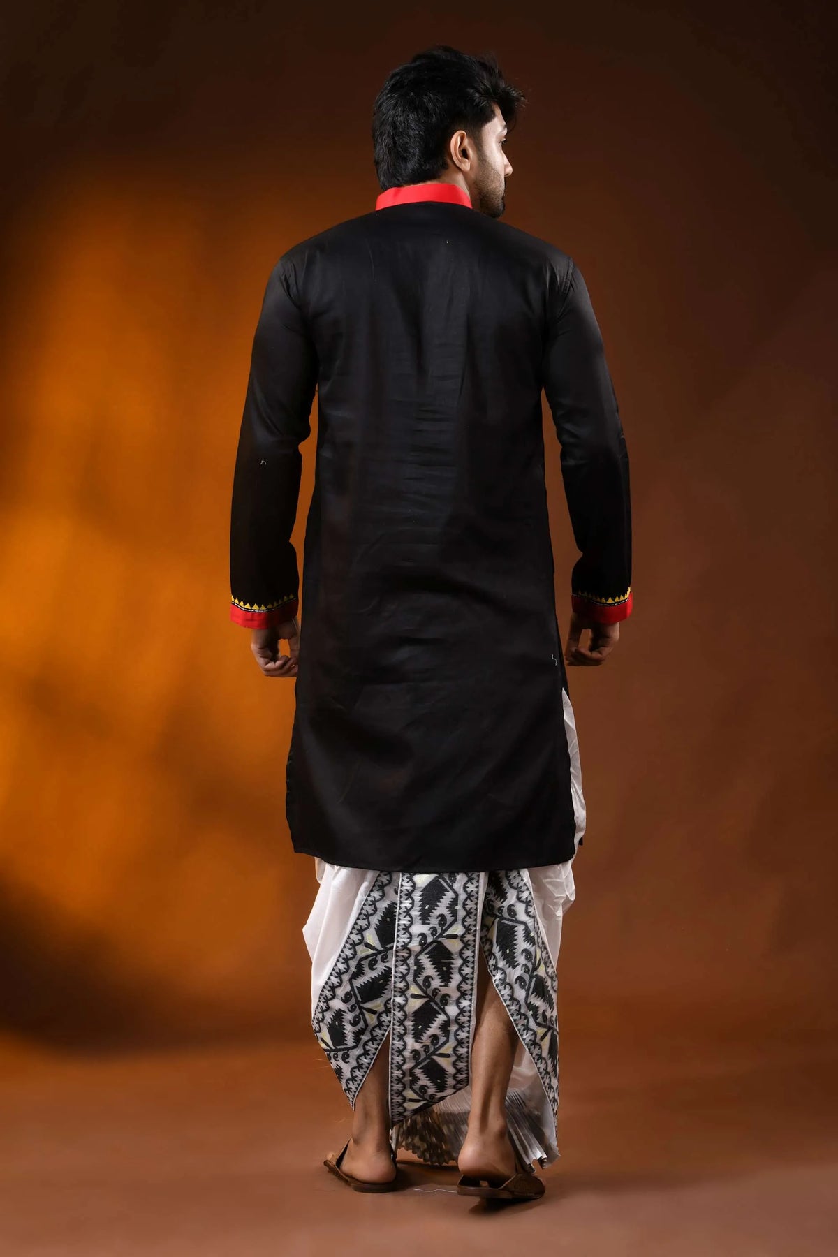 Pitch black pure cotton men’s punjabi with kantha stitch & hand paint 5