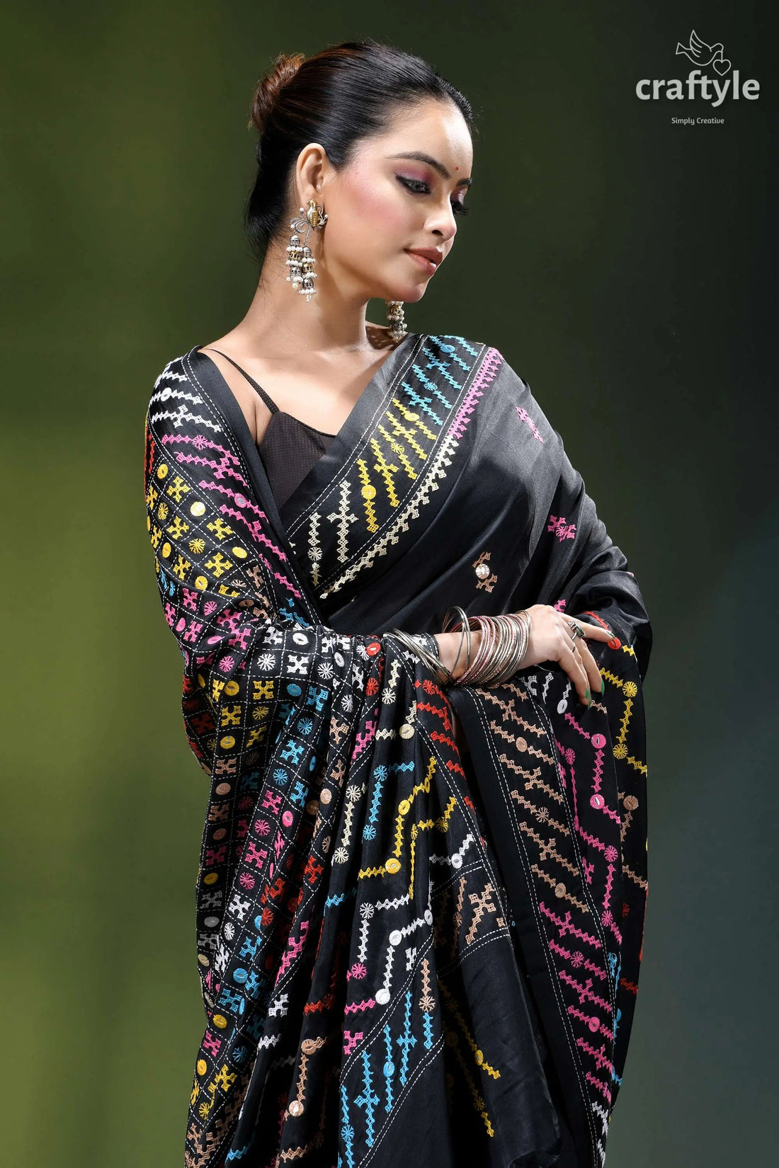 Pitch black silk saree with multicolor kutch embroidery - mirror work black saree vibrant multicolored geometric 2