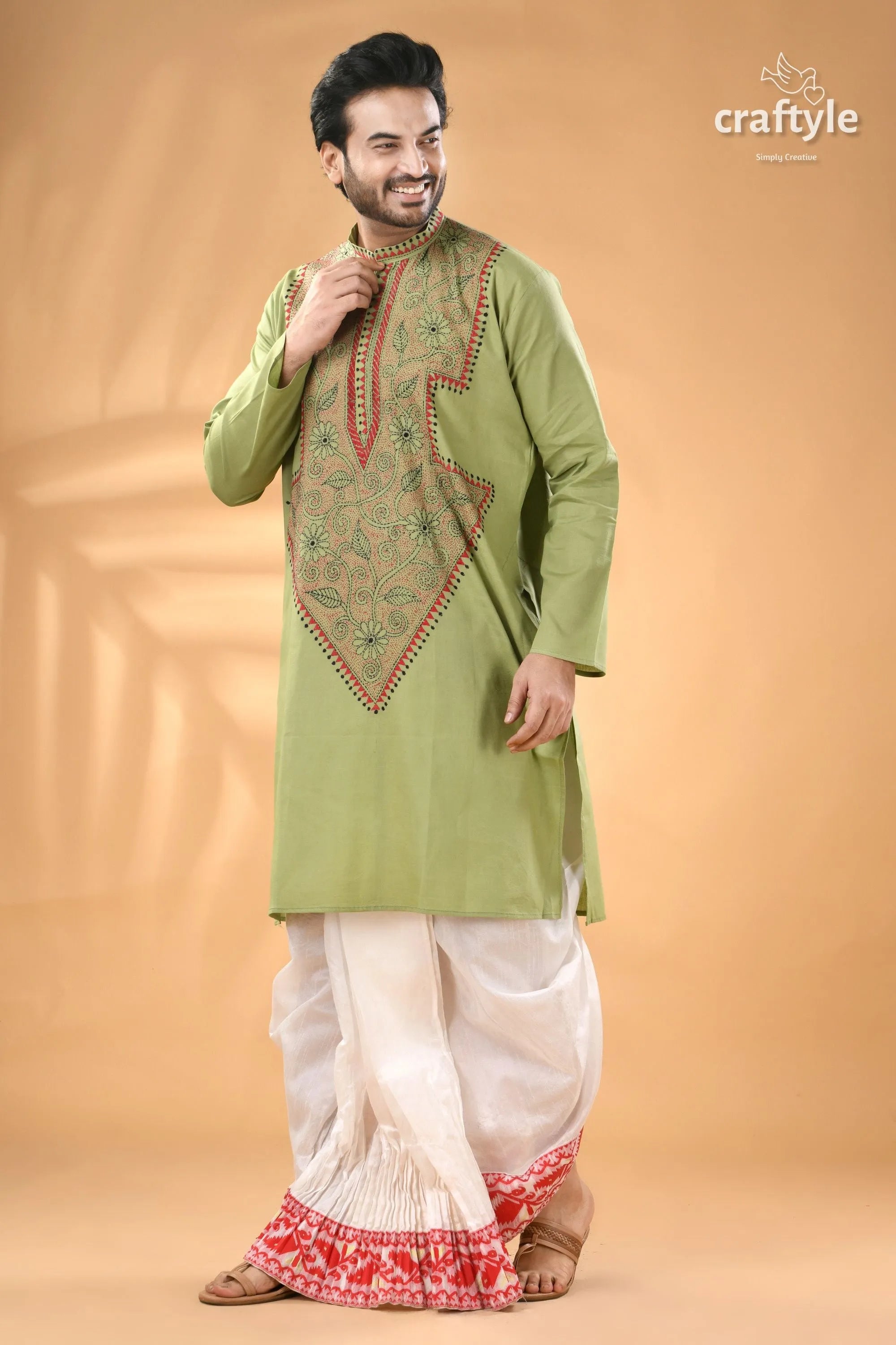 Pixie green hand kantha stitch cotton mens kurta men’s light green embroidered kurta 4