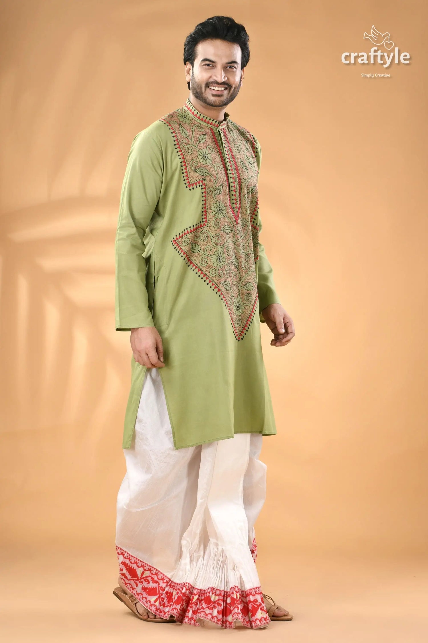 Pixie green hand kantha stitch cotton mens kurta man’s light green embroidered kurta 3