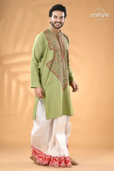 Pixie green hand kantha stitch cotton mens kurta man’s light green embroidered kurta 3