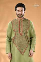 Pixie green hand kantha stitch cotton mens kurta men’s light olive green kurta 2