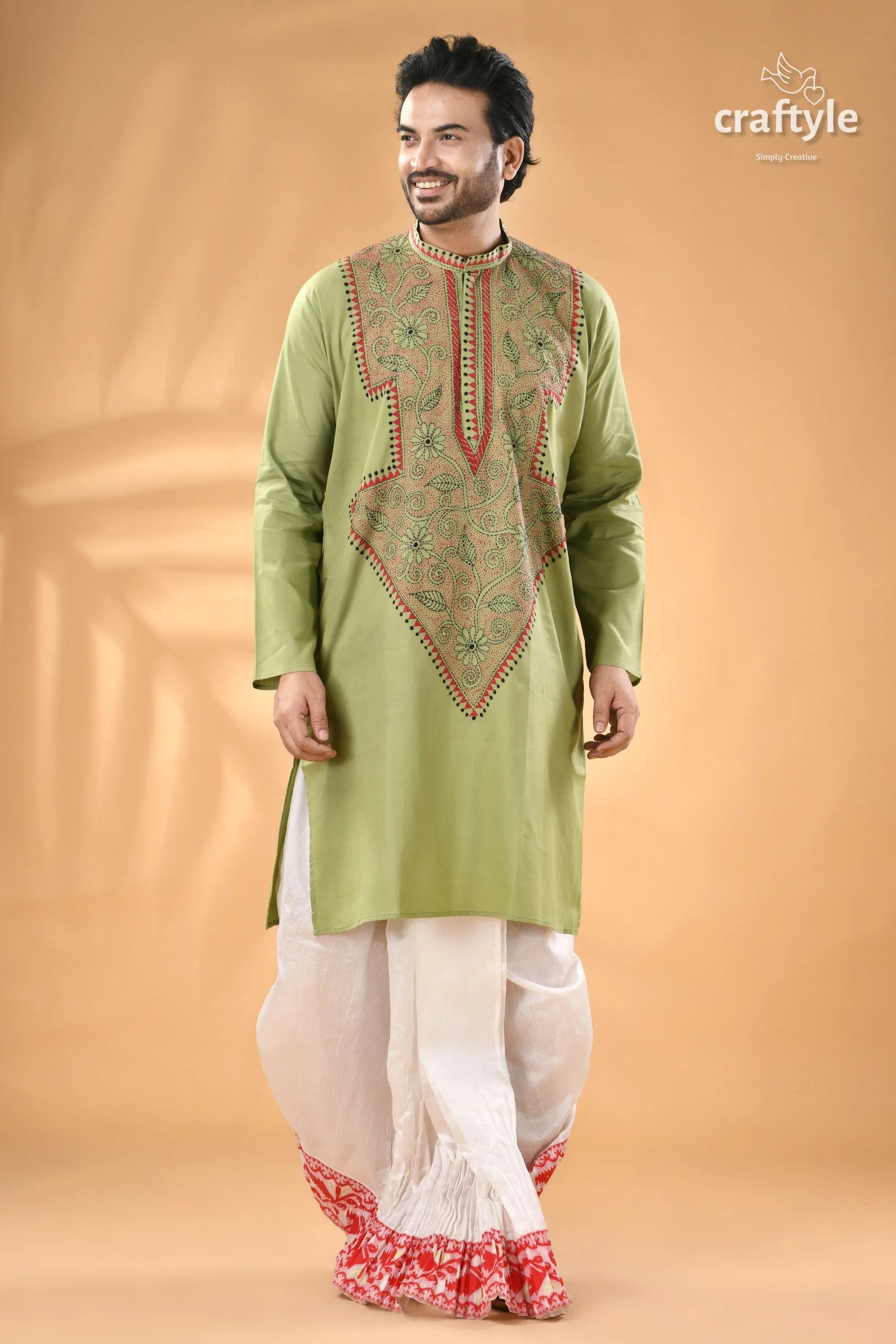 Pixie green hand kantha stitch cotton mens kurta man light green embroidered kurta 5