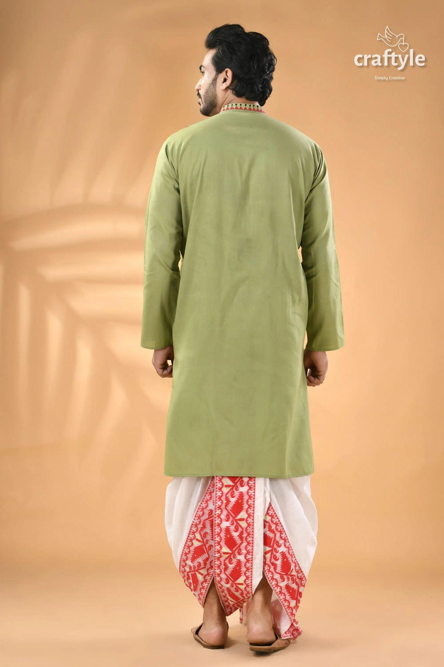 Pixie green hand kantha stitch cotton mens kurta men’s light green kurta white 6