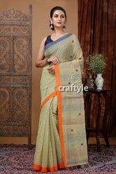 Pixie green handloom cotton saree with delicate stitching - perfect for work or special occasions woman checkered saree