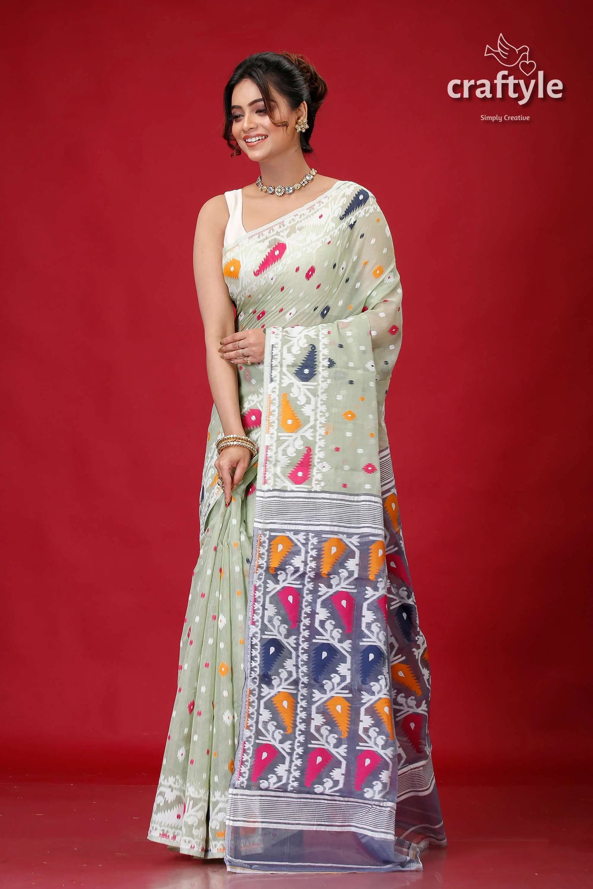 Pixie green premium soft jamdani sari for women woman light green saree colorful 3