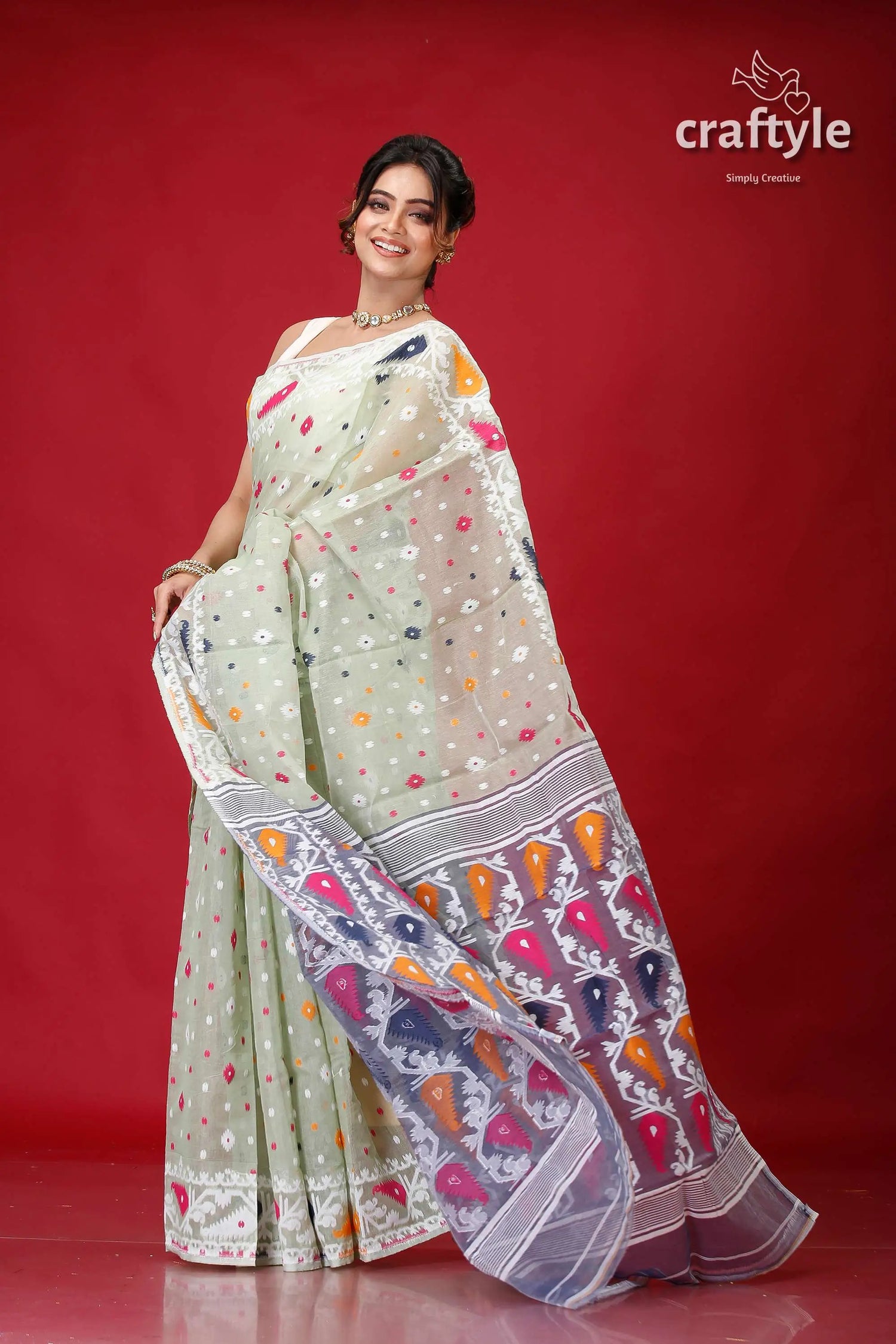 Pixie green premium soft jamdani sari for women woman light green saree colorful 4